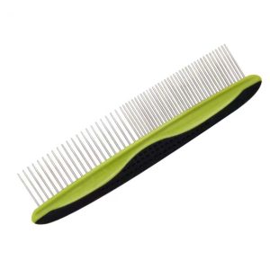 Peigne double face vert citron avec poignée ergonomique pour le coiffage et le démêlage.