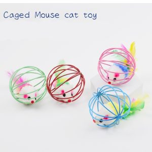 Colorful caged mouse toys for cats with faux mice and feather tails.