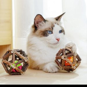 Cat enjoying stress relief with colorful toys on soft surface.