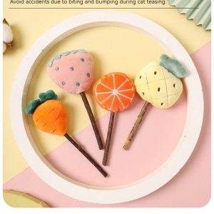 Fluffy cat teaser toys shaped like desserts on sticks, safe for playful interactions.