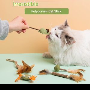 Fluffy cat enjoys Irresistible Polygonum Cat Stick toy with green ball, feathers, and fish.