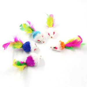 Colorful faux fur mouse toys for pets with feathers and bead eyes.