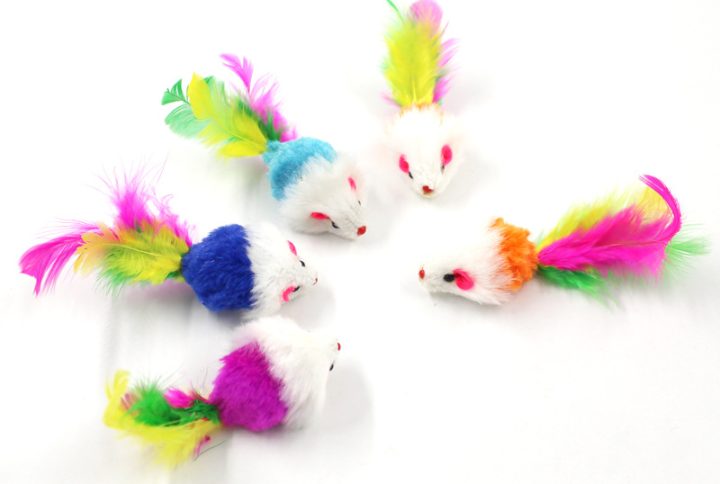 Colorful faux fur mouse toys for pets with feathers and bead eyes.