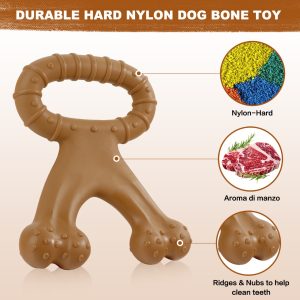 Durable nylon dog bone toy with teeth cleaning ridges and beef aroma scent.