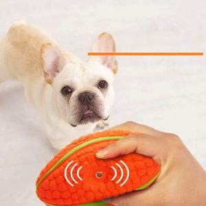 Bouledogue français jouant avec un jouet interactif en forme de poisson orange sur fond blanc.