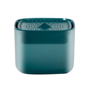 Sleek teal storage box with glossy finish and perforated lid for modern organization.