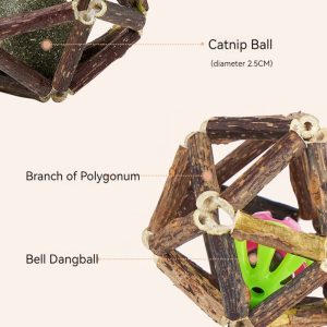 Natural wooden cat toys: Polygonum branch, Catnip Ball, Bell Dangball with bell.