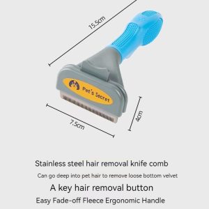 Ergonomic pet grooming tool for deep hair removal, easy cleaning with key button.