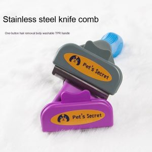 Colorful pet grooming combs with stainless steel teeth, hair removal button, and washable handle.