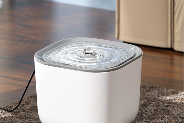 Moderna fontanella bianca per animali domestici su un accogliente tappeto in un ambiente domestico con un delicato gorgoglio dell'acqua.