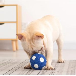 French Bulldog playing with blue soccer ball toy on patterned rug in well-lit room.