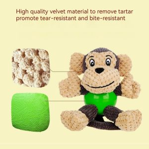 Peluche de singe en velours durable pour chiens : tissu résistant aux déchirures et aux morsures.