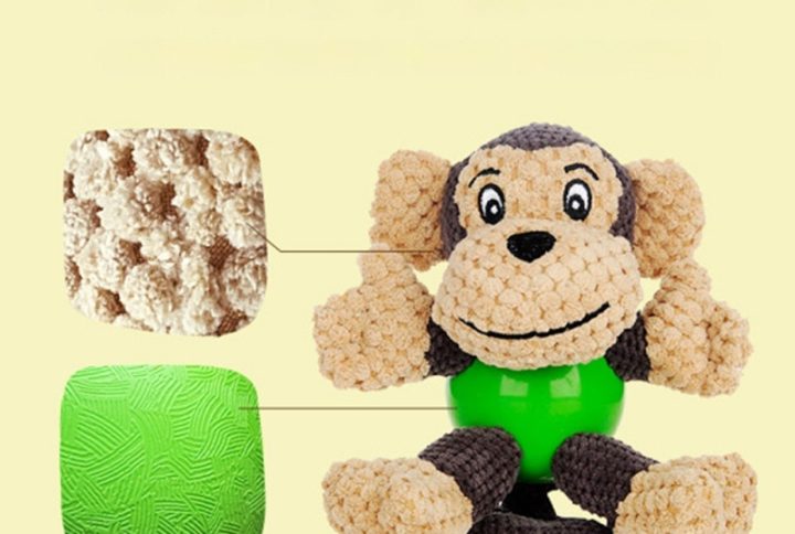 Duradero peluche de terciopelo en forma de mono para perros: tejido resistente a desgarros y mordiscos.