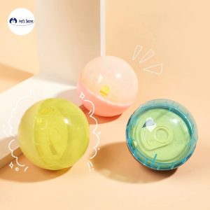 Colorful interactive pet toy balls for mental stimulation, in blue, yellow, and pink.