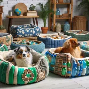 Stylish pet beds in cozy home setting with dogs lounging comfortably.