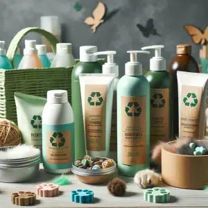 Eco-friendly pet grooming essentials in natural tones with butterfly decor on gray backdrop.