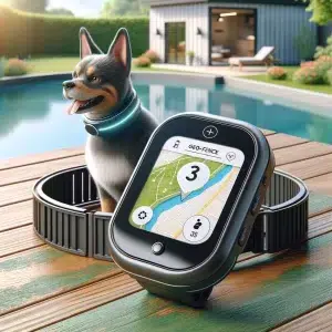 Smart GPS pet tracker on deck with dog, pool view - enhanced pet safety.