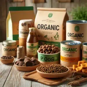 Organic food assortment in eco-friendly packaging on rustic wooden surface.