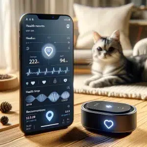 Cozy home pet health monitor with smartphone connected gadget for cat wellness.