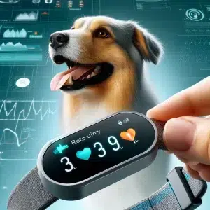 Futuristic pet tracker monitoring dog health with digital interface for happy pups.