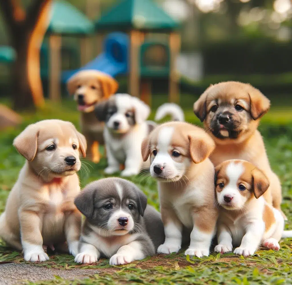 Schattige puppy's zittend in het park, kijkend naar de camera met speelse uitdrukkingen.