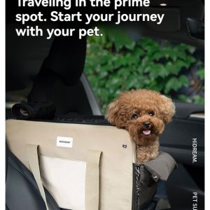 Stylish HIDREAM pet bag with adorable poodle for safe car travel adventures.