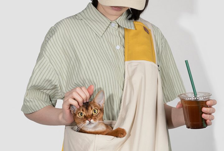 带有冰镇饮料的休闲猫咪背袋，印有 HiDREAM 标志，展现都市生活方式。