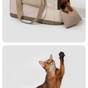 Two cats playfully exploring stylish beige and black pet carriers.