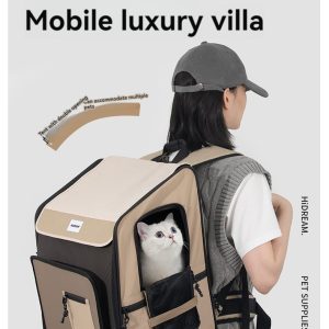 Elegante zaino a forma di gatto beige e nero con vista a 360° per le avventure all'aperto.