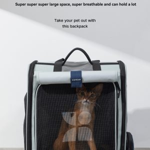 Spacious and breathable gray pet carrier backpack for outings with mesh window.