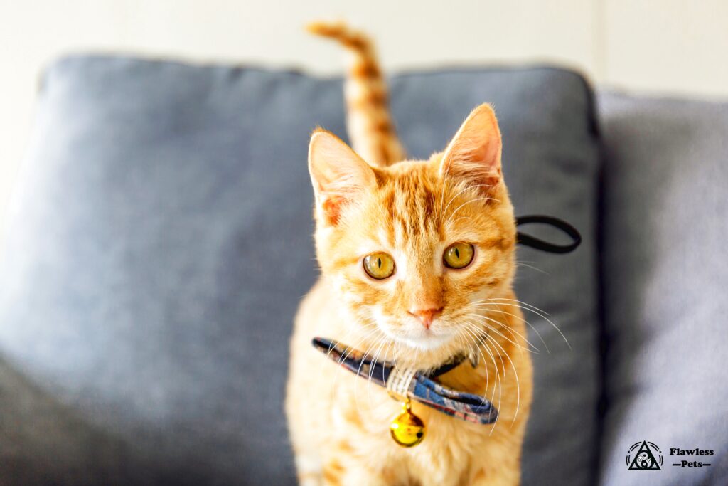 Orange gestromte Katze mit stilvollem Halsband sitzt auf einer gemütlichen Couch.