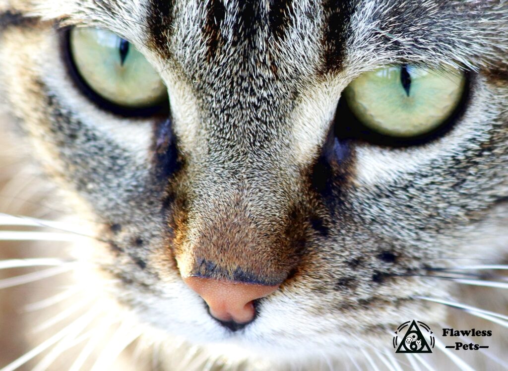Groenogige tabby kat met innemende blik, geschikt voor dierenliefhebbers.