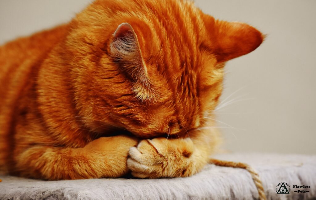 Ginger tabby cat with crossed paws on soft cushion.
