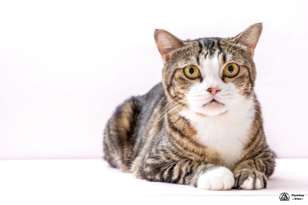 Ontspannen tabby kattenportret met prachtige vacht en serene uitdrukking.